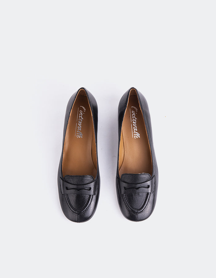 L'INTERVALLE Catrine Femme Loafer Pump Shoe Noir Leather