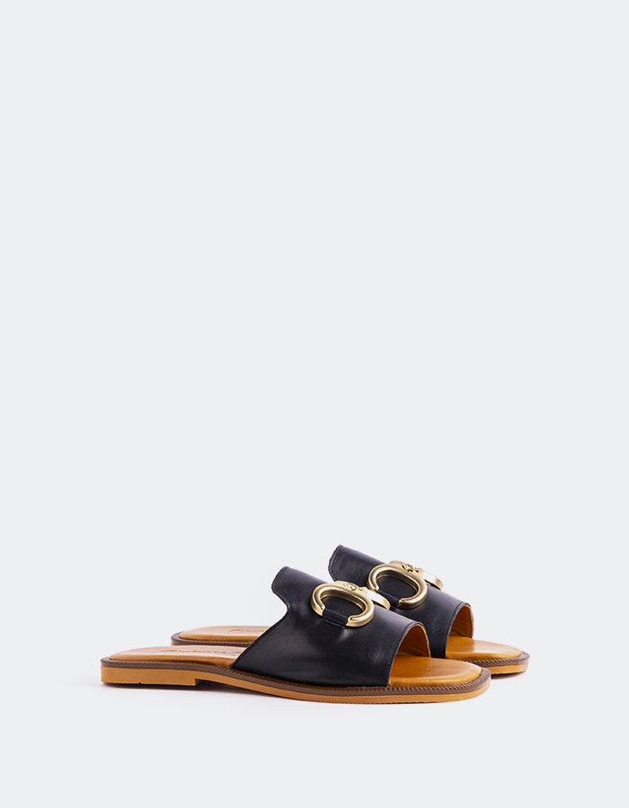 L'INTERVALLE Dauphine Sandales plates pour femmes Cuir Noir