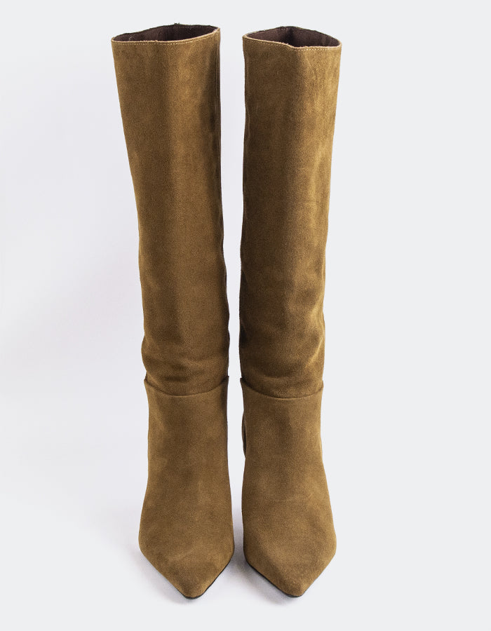 L'INTERVALLE Derry Bottes hautes à talons hauts pour femmes Kaki Suède