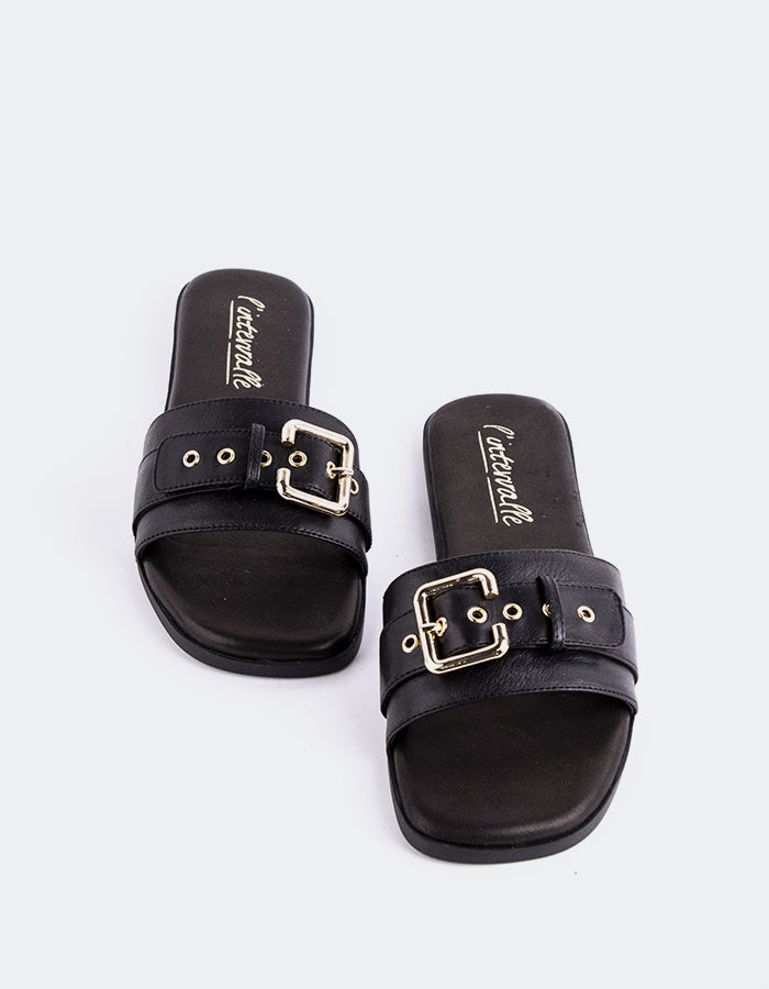 L'INTERVALLE Sherra Sandales plates pour femmes Cuir Noir
