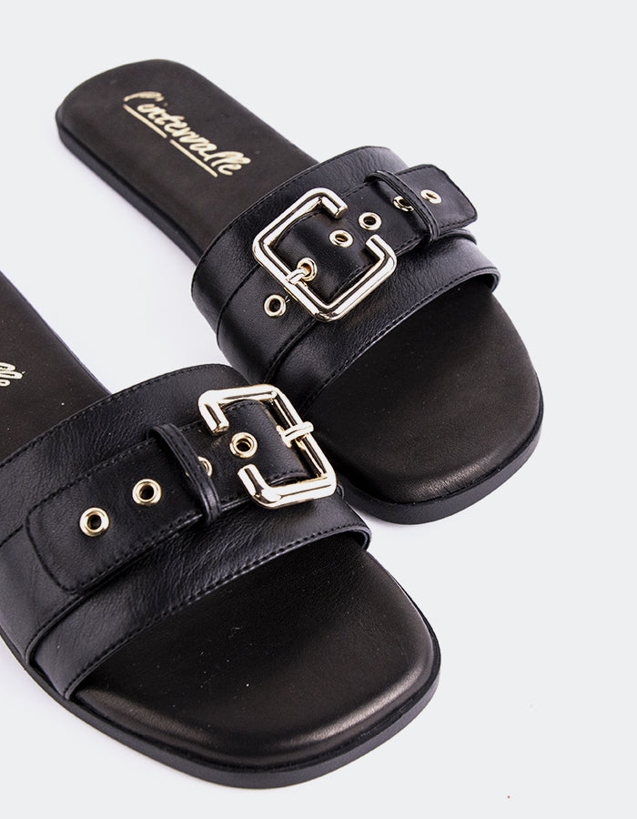 L'INTERVALLE Sherra Sandales plates pour femmes Cuir Noir