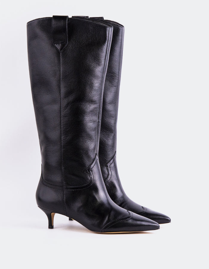L'INTERVALLE Veneza Bottes western hautes pour femmes en cuir Noir