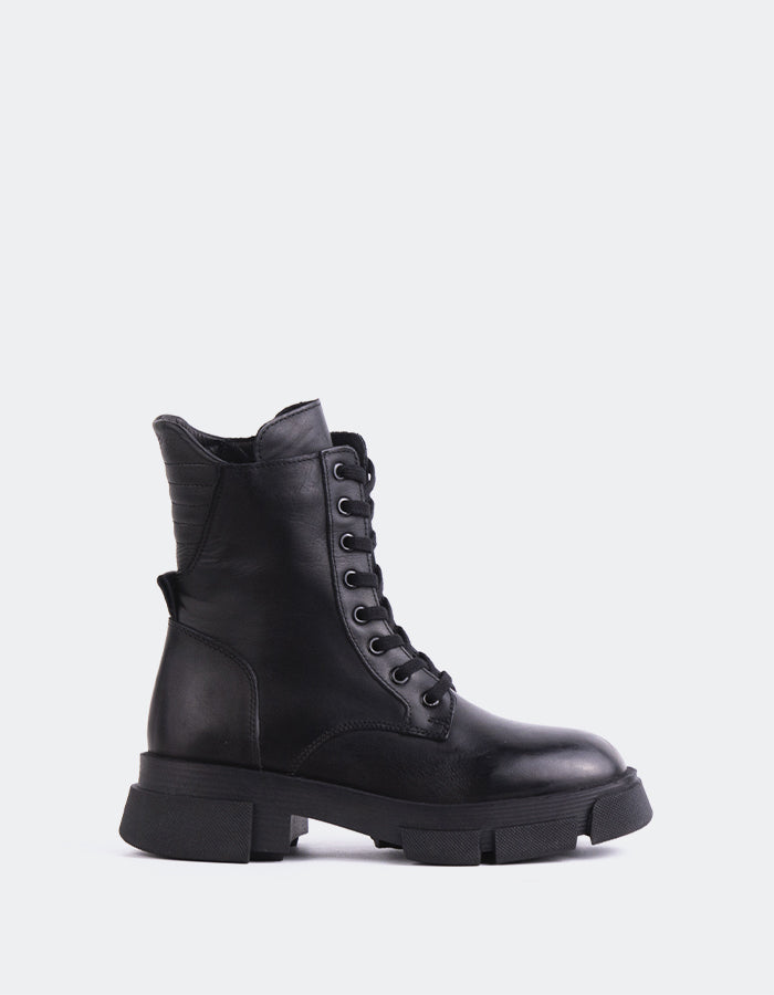 L'INTERVALLE Zamora Women's Ankle Combat Boots Black Leather